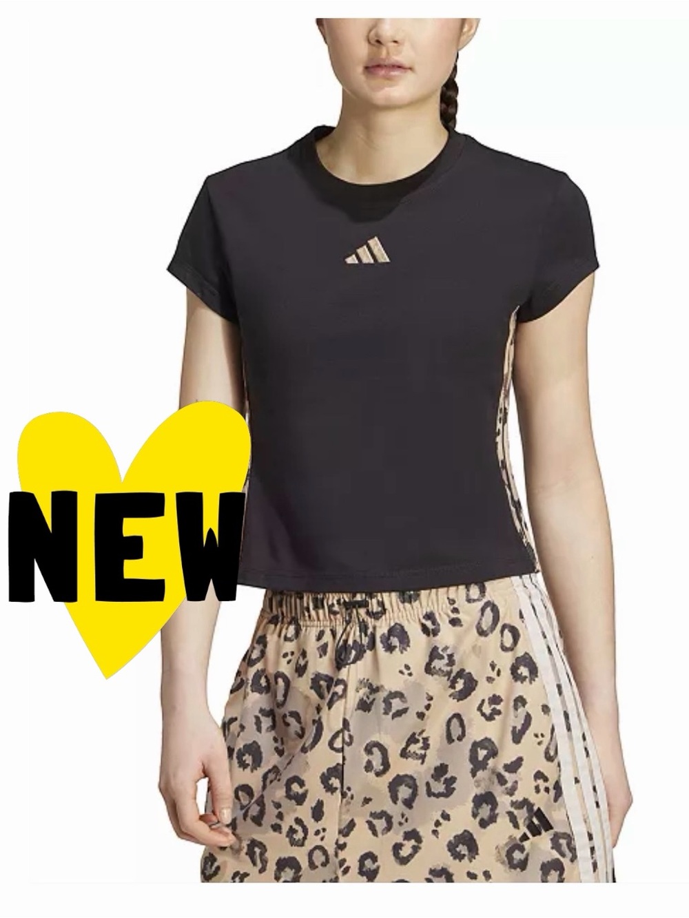 NWT women’s Adidas Leopard print short sleeved top black slim fit large new
